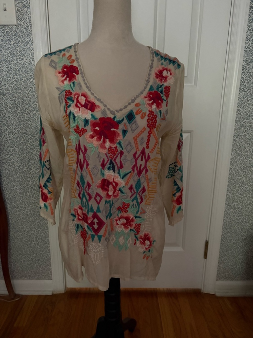 Johnny Was Embroidered Floral V-Neck Tunic Top - Cream with Red & Teal Accents